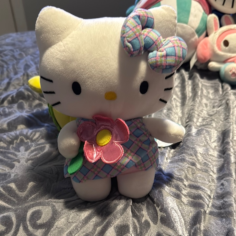 Hello Kitty Plush Toy with Pink and blue dress and flower